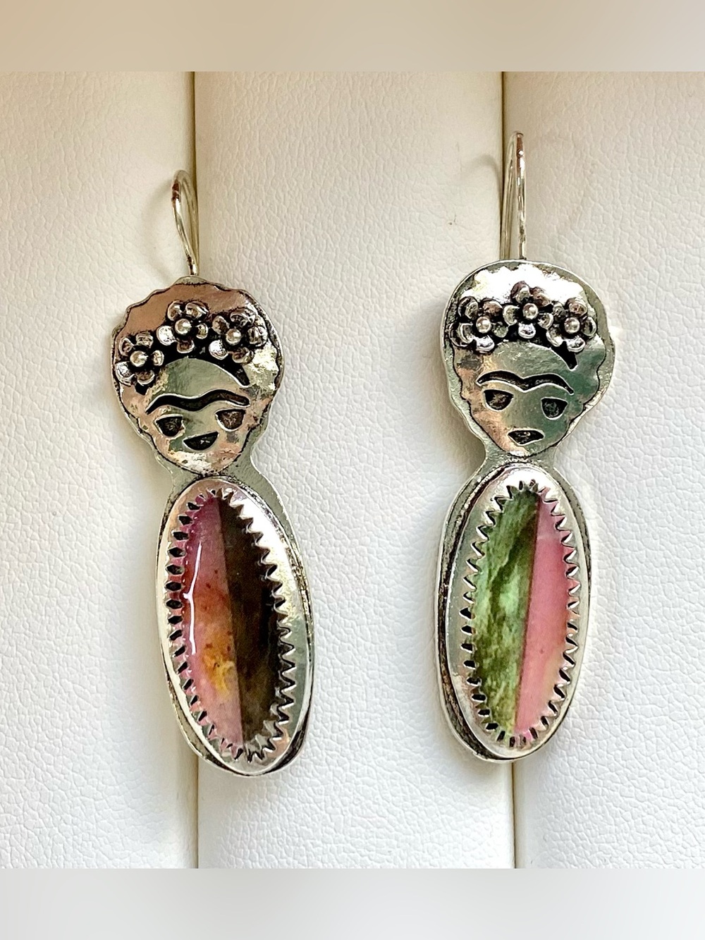 Frida-Inspired Silver Drop Earrings with Pink and Green Stones